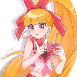  1girl absurdres akazutsumi_momoko blunt_bangs blush commentary_request crop_top heart highres holding holding_heart hyper_blossom looking_to_the_side orange_hair pink_eyes ponytail powerpuff_girls_z shadow simple_background snt_0828 solo upper_body 