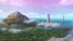  absurdres artist_request blue_sky clouds day energy_barrier forest game_asset highres mountain nature no_humans outdoors scenery sky third-party_source touhou touhou_spell_carnival tower tree 
