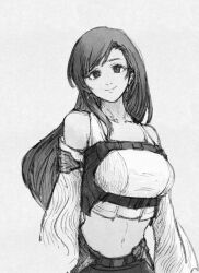  1girl bare_shoulders black_skirt breasts chest_harness closed_mouth crop_top detached_sleeves final_fantasy final_fantasy_vii final_fantasy_vii_remake final_fantasy_vii_revelation grey_background greyscale harness highres large_breasts long_hair looking_at_viewer midriff monochrome navel official_alternate_costume pulupulupoodle shirt sketch skirt smile solo tifa_lockhart_(black_mage) white_shirt white_sleeves wide_sleeves 