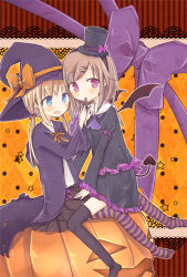  2girls amakaze_sora black_hat black_shirt black_skirt black_thighhighs black_wings blonde_hair blue_eyes blush bow brown_hair commentary_request demon_girl demon_tail demon_wings frilled_shirt frilled_skirt frills halloween hat hat_bow jack-o'-lantern long_hair long_sleeves low_twintails mini_hat mini_top_hat multiple_girls no_shoes orange_bow original pantyhose pink_eyes purple_hat purple_robe robe shirt sitting skirt star_(symbol) striped_clothes striped_pantyhose tail thigh-highs tilted_headwear top_hat twintails white_shirt wide_sleeves wings witch_hat yuri 