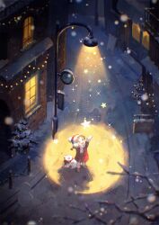  1girl analog_clock arms_up beanie bird's_eye_view boots brown_boots brown_eyes brown_hair child christmas_lights clock coat commentary dog english_commentary from_above fur-trimmed_boots fur_trim hat highres lamppost long_sleeves looking_up mittens night open_mouth original outdoors pet pom_pom_(clothes) pom_pom_beanie red_coat red_hat red_scarf road scarf sign snow snowman solo spotlight standing star_(symbol) street tree urban white_mittens white_scarf wide_shot winter winter_clothes winter_coat yw_marron 