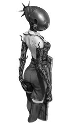  1girl absurdres apron bare_shoulders black_apron black_ribbon black_shorts black_thighhighs bomb bomb_devil_(chainsaw_man) breasts chainsaw_man cropped_legs eruthu explosive greyscale highres medium_breasts monochrome neck_ribbon reze_(chainsaw_man) ribbon shirt shorts sleeveless sleeveless_shirt solo standing teeth thigh-highs white_background white_shirt 