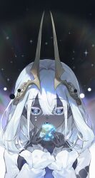  1girl absurdres colored_skin commentary_request dosol earth_(planet) eating fangs frilled_sleeves frills grey_skin hair_intakes highres korean_commentary long_sleeves looking_at_viewer multicolored_eyes original planet pointy_ears ringed_eyes solo star_(sky) straight-on upper_body white_hair white_sleeves 
