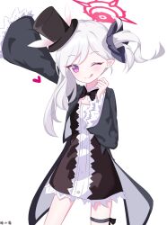  :q absurdres alternate_hair_length_(shorter) animal_ears black_bow black_bowtie black_coat black_dress black_hat black_ribbon blue_archive bow bowtie coat commentary cowboy_shot dress fake_animal_ears frilled_dress frills halo hat highres leg_ribbon long_hair looking_at_viewer mutsuki_(blue_archive) muxiaomo one_eye_closed pointy_ears rabbit_ear_hat rabbit_ears red_halo ribbon side_ponytail simple_background smile tongue tongue_out violet_eyes white_background white_hair 