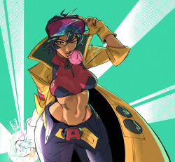  1girl absurdres black_hair breasts coat earrings eyewear_on_head gloves highres jacket jewelry jubilee looking_at_viewer marvel marvel_rivals navel paniny_01 pink-tinted_eyewear shirt short_hair shorts solo sunglasses superhero_costume tinted_eyewear x-men yellow_coat yellow_jacket 