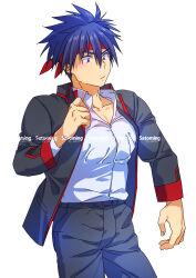  1boy alternate_costume artist_name black_hair black_jacket black_pants collared_shirt commentary_request cowboy_shot downturned_eyes dress_shirt hand_up headband highres inohara_masato jacket large_pectorals little_busters! little_busters!_school_uniform long_sleeves looking_down male_focus muscular muscular_male open_clothes open_jacket pants pectorals red_headband satomi_yoshitaka school_uniform shirt short_hair simple_background solo spiky_hair thick_eyebrows v-shaped_eyebrows white_background white_shirt 
