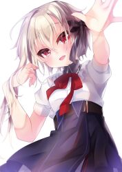  1girl :d belt black_bow black_skirt blonde_hair blush bow bowtie brown_belt collared_shirt commentary_request cowboy_shot hair_between_eyes hair_bow hand_in_own_hair hand_up high-waist_skirt highres long_hair looking_at_viewer meikei_no_lupercalia niounomiya_meguri open_mouth osaka_nanoka outstretched_arm red_bow red_bowtie red_eyes shirt short_sleeves side_ponytail simple_background skirt smile solo white_background white_shirt 