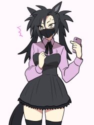  1girl ^^^ air_shakur_(umamusume) alternate_costume alternate_hairstyle animal_ears black_bow black_bowtie black_hair black_skirt black_thighhighs bow bowtie commentary_request cowboy_shot eyebrow_piercing face_piercing grey_background high-waist_skirt highres ho_1000_ka holding holding_phone horse_ears horse_girl horse_tail jirai_kei long_hair long_sleeves looking_at_viewer mask mouth_mask phone piercing purple_shirt shirt simple_background skirt solo tail thigh-highs twintails umamusume yellow_eyes 