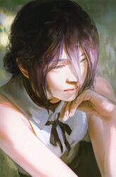  1girl bare_shoulders black_choker black_ribbon breasts chainsaw_man choker closed_mouth collared_shirt commentary english_commentary green_eyes hair_between_eyes head_on_hand highres medium_breasts medium_hair neck_ribbon pluvium_grandis purple_hair realistic reze_(chainsaw_man) ribbon shirt sleeveless sleeveless_shirt solo updo upper_body white_shirt 