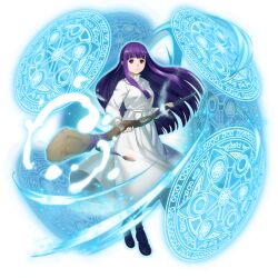  1girl artist_request black_boots blunt_bangs boots commentary dress english_commentary expressionless fern_(sousou_no_frieren) full_body game_asset grand_summoners holding holding_staff long_hair long_sleeves looking_at_viewer mage_staff magic_circle official_art purple_hair purple_ribbon ribbon solo sousou_no_frieren staff standing third-party_source transparent_background violet_eyes white_dress 