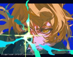  1girl blonde_hair casting_spell commentary_request glaring glowing gun hair_between_eyes highres holding holding_gun holding_weapon looking_at_viewer magic short_hair solo tanya_degurechaff teeth upper_body weapon white200406 yellow_eyes youjo_senki 