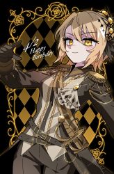  1girl aiguillette belt black_coat black_gloves black_pants blonde_hair checkered_scabbard closed_mouth coat commentary_request curtained_hair dated diamond_hair_ornament epaulettes gloves hair_ornament happy_birthday hasumi_leia high_collar highres long_sleeves looking_at_viewer mahou_shoujo_no_majo_saiban otomebakudan pants sash short_hair shoulder_sash smile solo yellow_eyes 
