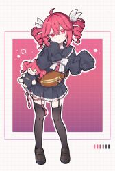 1girl :/ ahoge alternate_costume black_shirt black_skirt black_thighhighs bow commentary_request crossbody_bag drill_hair fanny_pack full_body garter_straps grid_background hair_between_eyes hair_bow highres kasane_teto kasane_teto_(sv) loafers long_sleeves looking_at_viewer nasubi_no_manjiu red_eyes red_hair shirt shoes skirt sleeves_past_fingers sleeves_past_wrists solo standing stuffed_toy synthesizer_v thigh-highs twin_drills white_bow 