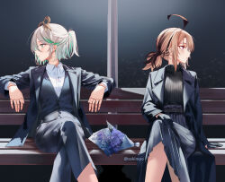 2girls absurdres alternate_costume black_coat black_gloves black_jacket black_pants black_skirt black_sweater black_vest blonde_hair bouquet brown_hair cecilia_immergreen coat collared_shirt colored_inner_hair commentary crossed_legs doll doll_joints english_commentary gigi_murin gloves green_eyes green_hair green_streaks grey_hair hair_between_eyes hair_ornament half_updo highres hololive hololive_english jacket joints multicolored_hair multiple_girls on_bed on_bench pants parted_lips pink_eyes ponytail ribbed_sweater shirt short_hair short_ponytail short_twintails sitting skirt streaked_hair suit suit_jacket suit_pants sweater turtleneck turtleneck_sweater twintails two-tone_hair vest virtual_youtuber white_shirt winding_key zakimpo 
