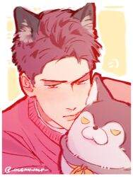  absurdres animal_ears blush highres hugging_object love_and_deepspace nose pink_sweater red_hair short_sideburns sideburns stuffed_toy sweater valko_(love_and_deepspace) wolf_boy wolf_ears yellow_eyes 