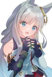  1girl animal_ears ascot asymmetrical_sleeves blue_eyes blunt_bangs blush breasts chrono_genesis_(prismatic_curator)_(umamusume) chrono_genesis_(umamusume) detached_sleeves disney_o626 fingerless_gloves gloves grey_hair hair_between_eyes hair_ornament highres horse_ears horse_girl interlocked_fingers long_hair looking_at_viewer mismatched_sleeves open_mouth red_ascot simple_background skirt small_breasts smile solo sweat tearing_up umamusume white_background 