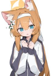  1girl animal_ear_fluff animal_ears blue_archive blue_eyes blush flower hair_between_eyes hair_flower hair_ornament hairband halo headband highres jacket long_hair long_sleeves looking_at_viewer mari_(blue_archive) mari_(track)_(blue_archive) multicolored_jacket official_alternate_costume open_mouth orange_hair simple_background solo tntl_nemui track_jacket two-tone_jacket upper_body white_background white_flower white_hairband white_headband yellow_halo 