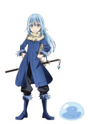  1other androgynous artist_request black_pants blue_boots blue_coat blue_hair boots closed_mouth coat full_body fur-trimmed_boots fur-trimmed_sleeves fur_scarf fur_trim hair_between_eyes hands_on_own_hips humanization katana long_hair long_sleeves looking_at_viewer official_art other_focus pants rimuru_tempest rimuru_tempest_(slime) second-party_source simple_background slime_(creature) smile solo standing sword sword_on_back tensei_shitara_slime_datta_ken transparent_background weapon weapon_on_back yellow_eyes 