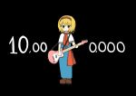  1girl alice_margatroid black_background blonde_hair blue_dress blush boots brown_footwear capelet closed_mouth commentary_request dress electric_guitar frilled_hairband frilled_necktie frilled_sash frills full_body guitar hairband holding holding_instrument instrument looking_at_viewer medium_bangs milestone_celebration necktie niconico red_hairband red_necktie red_sash sash short_hair simoyuki simple_background smile solo standing touhou white_capelet yellow_eyes 