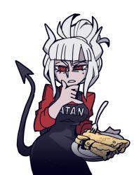  1girl apron black_apron black_tail breasts clothes_writing collared_shirt crepe demon_girl demon_horns demon_tail food fork hair_up helltaker holding holding_fork holding_plate horns looking_at_viewer lucifer_(helltaker) medium_breasts mole mole_under_eye non-web_source official_art plate red_eyes red_shirt ringed_eyes shirt solo tail transparent_background vanripper white_hair white_horns 