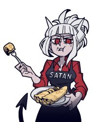  1girl apron black_apron black_tail breasts clothes_writing collared_shirt crepe demon_girl demon_horns demon_tail eating food fork hair_up helltaker holding holding_fork holding_plate horns looking_at_viewer lucifer_(helltaker) medium_breasts mole mole_under_eye non-web_source official_art plate red_eyes red_shirt ringed_eyes shirt solo tail transparent_background vanripper white_hair white_horns 