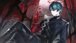  1boy absurdres arknights arknights:_endfield bat_wings blue_hair camille_(arknights) closed_mouth commentary_request crossed_legs full_moon gloves halo highres jewelry kusahanna long_sleeves looking_at_hand male_focus moon multiple_rings outdoors pointy_ears puzzle_piece red_halo ring solo tree vampire wings 