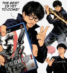  1boy absurdres beard beard_stubble black_hair brain commentary cover english_commentary facial_hair glasses highres holding holding_sword holding_weapon katana kojima_hideo looking_at_viewer metal_gear_(series) metal_gear_solid_2:_sons_of_liberty multiple_views mustache opaque_glasses real_life round_eyewear short_hair solo stubble sword video_game video_game_case video_game_cover weapon white_background yoracrab 