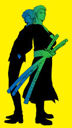  2boys aska_makoto back-to-back black_jacket black_pants black_shoes black_suit collared_shirt crossed_arms curly_eyebrows facial_hair goatee hair_over_one_eye hand_in_pocket highres jacket katana male_focus multiple_boys multiple_swords one_piece pants roronoa_zoro sanji_(one_piece) scar scar_across_eye scar_on_face shirt shoes short_hair standing suit sword weapon yellow_background 
