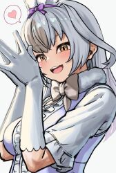  1girl :d absurdres animal_ear_fluff animal_ears bow bowtie breasts brown_eyes brown_hair center_frills character_request deku_suke extra_ears frills gloves heart highres kemono_friends light_blush long_hair looking_at_viewer medium_breasts multicolored_hair open_mouth rabbit_ears rabbit_girl shirt simple_background smile snowshoe_hare_(kemono_friends) spoken_heart steepled_fingers two-tone_hair upper_body white_background white_gloves white_hair white_shirt 