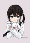  1girl bandaid bandaid_on_cheek bandaid_on_face black_hair blue_eyes doll_hug hair_ornament long_sleeves looking_at_viewer object_hug original rabbit_hair_ornament ruimado side_ponytail smile solo straight-on strap_slip stuffed_animal stuffed_rabbit stuffed_toy upper_body 