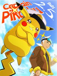  1boy black_eyes blue_sky brown_jacket captain_pikachu character_name commentary_request crossed_arms dated friede_(pokemon) goggles goggles_on_head highres jacket long_sleeves male_focus pants pikachu pokemon pokemon_(anime) pokemon_(creature) pokemon_horizons runachikku sky white_pants 