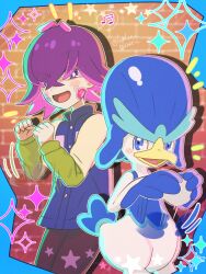  1girl black_pants blue_border blue_eyes blue_jacket border clenched_hand commentary_request dot_(pokemon) hair_over_eyes highres jacket motion_lines musical_note open_mouth pants pokemon pokemon_(anime) pokemon_(creature) pokemon_horizons quaxwell reverse_trap runachikku sparkle spoken_musical_note violet_eyes 