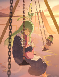  2girls 7-string_guitar absurdres bang_dream! bang_dream!_it's_mygo!!!!! beach beret black_capelet bloom blue_dress blurry bow capelet character_doll closed_mouth clouds commentary depth_of_field doll dress extended_range_guitar feet_out_of_frame flock frilled_dress frills glint green_bow green_hair green_ribbon guitar hat head_tilt highres hugging_object instrument light_frown lingdu_han long_dress long_hair long_sleeves looking_at_viewer mortis_(bang_dream!) mortis_(costume)_(bang_dream!) multiple_girls neck_ribbon ocean on_swing orange_sky outdoors plaid_clothes plaid_dress red_hat red_skirt ribbon sentient_stuffed_toy shirt shore sitting skirt sky slide solid_oval_eyes standing standing_on_swing sunset swing swinging_on_swing wakaba_mutsumi wakaba_mutsumi_(doll) white_shirt yellow_eyes 