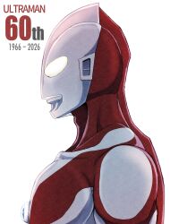  1boy absurdres adam's_apple alien anniversary collarbone color_timer colored_skin commentary compound_eyes dorsal_fin english_text from_side giant giant_male glowing glowing_eyes highres looking_ahead male_focus multicolored_skin muscular muscular_male nkeo no_pupils pectorals portrait red_skin silver_skin simple_background solo spine tokusatsu two-tone_skin ultra_series ultraman ultraman_(1st_series) white_background white_eyes 