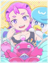  1girl black_tank_top bright_pupils collarbone commentary_request dot_(pokemon) freckles highres nidothing open_mouth pokemon pokemon_(anime) pokemon_horizons quaxly runachikku short_hair sparkle squiggle tank_top tinkatink violet_eyes white_pupils 