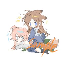  2girls animal_ears bang_dream! bang_dream!_it's_mygo!!!!! blue_eyes blue_shirt blue_skirt blush brown_hair can_t99 chihaya_anon commentary dog_ears dog_girl ear_blush fang fox_ears fox_girl fox_tail grey_eyes grey_jacket haneoka_school_uniform highres jacket kemonomimi_mode long_hair multiple_girls nagasaki_soyo pink_hair school_uniform shirt sidelocks simple_background skirt tail tsukinomori_school_uniform untranslatable_commentary white_background yuri 