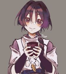  1boy alternate_hair_length_(longer) alternate_hairstyle armor black_sash blunt_ends blush braid braid_over_shoulder brown_background choppy_bangs closed_mouth clothing_cutout cup eyeliner feathers genshin_impact hair_over_shoulder highres holding holding_cup japanese_armor japanese_clothes kariginu kimono kote kurokote layered_sleeves long_hair looking_at_viewer low-braided_long_hair low-tied_long_hair makeup male_focus pom_pom_(clothes) portrait purple_kimono purple_sleeves red_eyeliner sash sauucepacket scaramouche_(genshin_impact) scaramouche_(kabukimono)_(genshin_impact) shoulder_cutout smile solo string twitter_username violet_eyes white_sleeves yellow_feathers 
