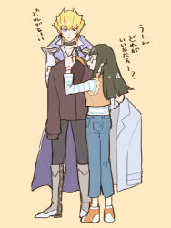  1boy 1girl black_hair black_pants blonde_hair blue_pants boots carly_nagisa coat commentary_request glasses holding holding_unworn_clothes holding_unworn_jacket ishinonono jack_atlas jacket pants shirt simple_background striped_clothes striped_shirt translation_request unworn_jacket yu-gi-oh! yu-gi-oh!_5d's 