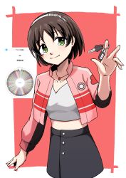  1girl absurdres black_skirt blush border brown_hair car_keys closed_mouth collarbone commentary_request crop_top fingernails green_eyes hairband harada_miyo highres holding holding_key idolmaster idolmaster_cinderella_girls jacket jewelry key long_sleeves masaki_comic midriff necklace open_clothes open_jacket pink_jacket red_background screenshot_inset shirt short_hair simple_background skirt smile solo v-neck white_border white_hairband white_shirt 