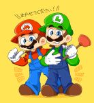  2boys blue_eyes blue_overalls facial_hair gloves green_headwear long_sleeves looking_at_viewer luigi mario multiple_boys mustache overalls red_headwear standing super_mario_bros. the_super_mario_bros._movie translation_request white_gloves yellow_background yugu7837 