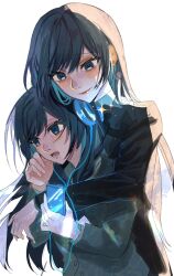  2girls ado_(utaite) black_coat black_hair blue_eyes blue_hair chando_(ado) closed_mouth coat commentary_request dual_persona grey_jacket headphones hibitose highres hug hug_from_behind jacket long_hair mole mole_under_eye multiple_girls original simple_background utaite white_background 