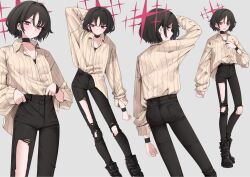  1girl barbell_piercing black_boots black_choker black_pants blue_archive boots brown_hair brown_shirt choker commentary coralreef966 ear_piercing grey_background halo highres industrial_piercing long_legs long_sleeves misaki_(blue_archive) multiple_views open_collar oversized_clothes oversized_shirt pants piercing pinstripe_pattern pinstripe_shirt red_eyes red_halo shirt shirt_tucked_in short_hair simple_background single_sleeve_past_wrist striped_clothes striped_shirt torn_clothes torn_pants vertical-striped_clothes vertical-striped_shirt wristband 