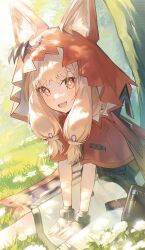  1girl :d animal_ear_fluff animal_ears arknights arknights:_endfield black_gloves blonde_hair bloom cape cheuni commentary day diamond-shaped_pupils diamond_(shape) fang fingerless_gloves flower gloves grass highres hood hood_up hooded_cape light_blush long_hair on_ground open_mouth outdoors plant red_cape rossi_(arknights) sitting skin_fang skirt smile solo sunlight symbol-shaped_pupils white_flower white_skirt yellow_eyes 
