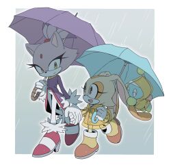  2girls :d animal_ears blaze_the_cat brown_eyes cat_ears cat_girl cheese_(sonic) closed_mouth cream_the_rabbit dress eyelashes forehead_jewel full_body furry furry_female gloves high_heels highres holding holding_umbrella jacket long_sleeves looking_at_another multiple_girls open_mouth pants purple_fur purple_jacket rabbit_ears rabbit_girl rabbit_tail rain raincoat simple_background smile sonic_(series) tail umbrella unneul walking white_gloves white_pants yellow_eyes yellow_fur yellow_raincoat 