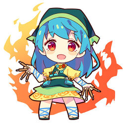 1girl :d blue_eyes blue_ribbon chibi chibi_only chinese_commentary chisel commentary_request dress fire full_body green_eyes green_headscarf hair_between_eyes haniyasushin_keiki headscarf holding jewelry leg_ribbon looking_at_viewer lowres magatama magatama_necklace necklace open_mouth puffy_short_sleeves puffy_sleeves red_eyes renren_(ah_renren) ribbon short_sleeves simple_background smile solo standing touhou white_background yellow_dress 