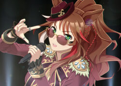  1girl animal_ears black_wrist_cuffs blush breasts brown_hair burning_as_one_(umamusume) coat ears_through_headwear epaulettes fang fedora forever_young_(umamusume) green_eyes hat holding holding_microphone horse_ears horse_girl jewelry long_hair looking_at_viewer medium_breasts microphone multicolored_hair multiple_rings norizou open_mouth purple-tinted_eyewear red-tinted_eyewear red_coat red_streaks ring solo streaked_hair sunglasses teeth tinted_eyewear umamusume upper_teeth_only white_streaks wrist_cuffs 