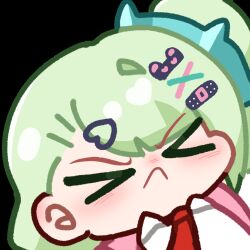 1girl annoyed bag blush chibi frown green_eyes green_hair grumpy hair_ornament hairclip heart highres multiple_hairclips necktie red_necktie sharuu0718 shirt solo sunna_(zenless_zone_zero) v-shaped_eyebrows white_shirt zenless_zone_zero 