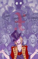  6+boys absurdres aestheticcannibal black_hat blonde_hair blue_eyes clone closed_eyes closed_mouth collarbone collared_shirt commentary crossed_out delta_(kyokugen_dasshutsu) dio_(kyokugen_dasshutsu) english_commentary facial_hair fingernails glasses grin hat highres hood hood_down hooded_robe ichimiya_(kyokugen_dasshutsu) jacket kyokugen_dasshutsu kyokugen_dasshutsu:_9_jikan_9_nin_9_no_tobira kyokugen_dasshutsu_adv:_zennin_shibou_desu male_focus medium_hair multiple_boys musashido_kagechika mustache necktie nijisaki_nagisa ninth_man_(kyokugen_dasshutsu) opaque_glasses open_clothes open_jacket open_mouth own_hands_together partially_colored red_jacket robe rogues'_gallery round_eyewear shaded_face shirt short_hair signature smile spoilers striped_clothes striped_jacket teeth top_hat zero_escape:_toki_no_dilemma 
