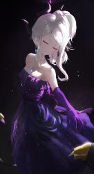  1girl absurdres bare_shoulders black_halo blue_archive blush closed_eyes closed_mouth commentary demon_girl demon_horns demon_wings dress earrings elbow_gloves gloves hair_bun halo highres hina_(blue_archive) hina_(dress)_(blue_archive) horns jewelry jianjia long_hair necklace official_alternate_costume official_alternate_hairstyle purple_dress purple_gloves sleeveless sleeveless_dress smile solo strapless strapless_dress white_hair wings 