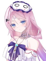  1girl bare_shoulders blue_eyes blue_gem bow citlali_(genshin_impact) citlali_(whispers_of_stars_and_smoke)_(genshin_impact) closed_mouth commentary_request detached_sleeves facial_mark forehead_mark gem genshin_impact gradient_hair hair_bow highres kino_(curry_pan) light_smile long_hair looking_at_viewer multicolored_hair official_alternate_costume partial_commentary pink_bow pink_hair pink_pupils purple_hair revision simple_background sleep_mask sleeveless solo triangle triangle_facial_mark upper_body white_background white_sleeves 